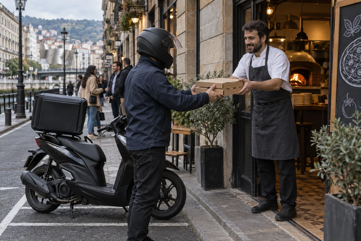 Escena ilustrativa de un repartidor en moto recogiendo dos cajas de pizza junto a un restaurante
