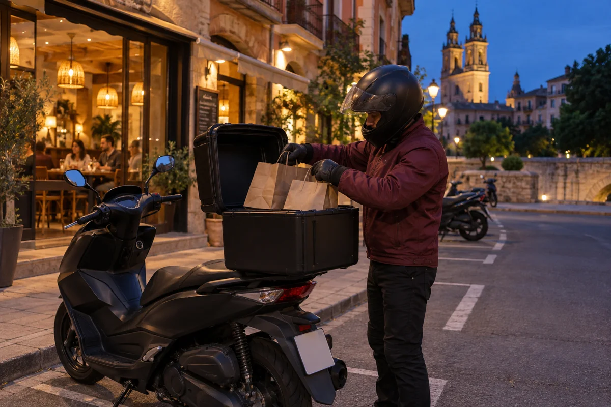 Escena ilustrativa de un repartidor preparando un pedido en el cajón térmico de una moto