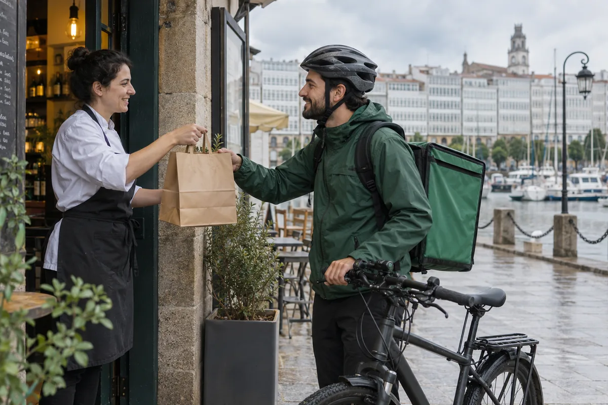 Escena de reparto junto a un restaurante en A Coruña