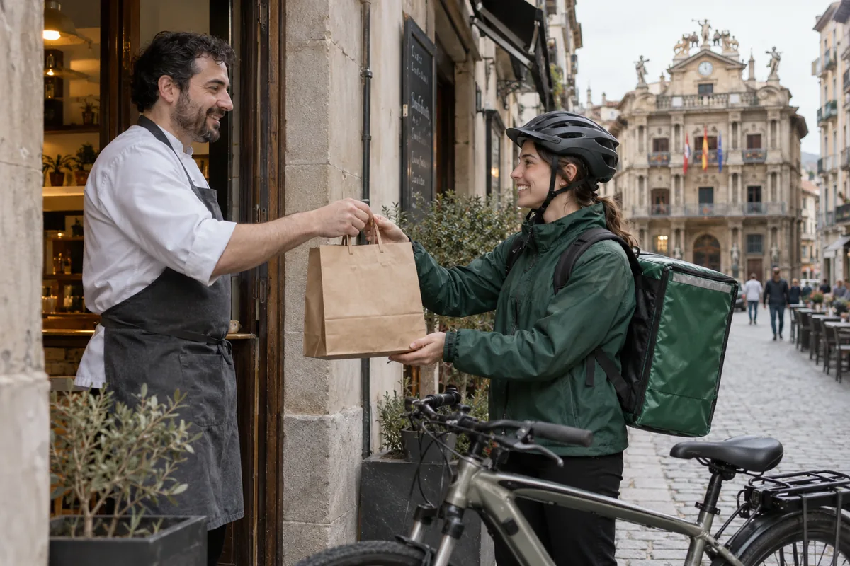 Escena de reparto junto a un restaurante en Pamplona