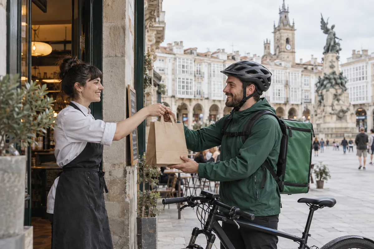 Escena de reparto junto a un restaurante en Vitoria-Gasteiz