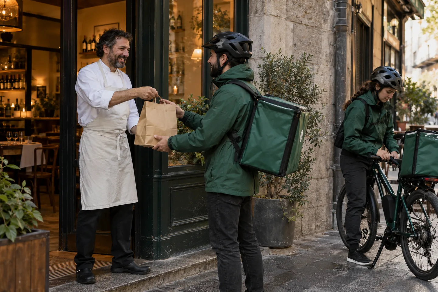 Un cocinero entrega un pedido al equipo de reparto junto a su restaurante