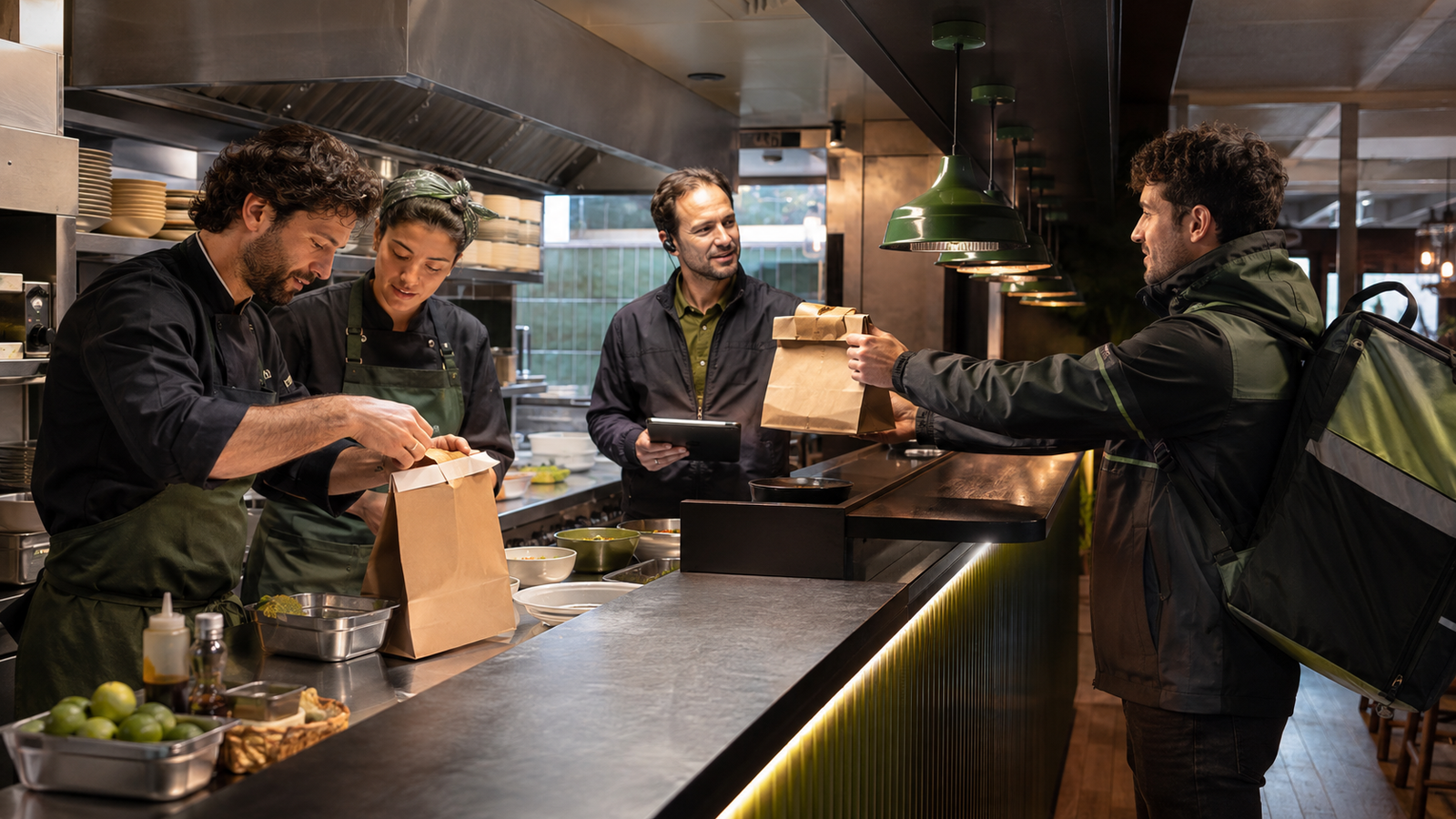Equipo de cocina, coordinación y reparto trabajando unido
