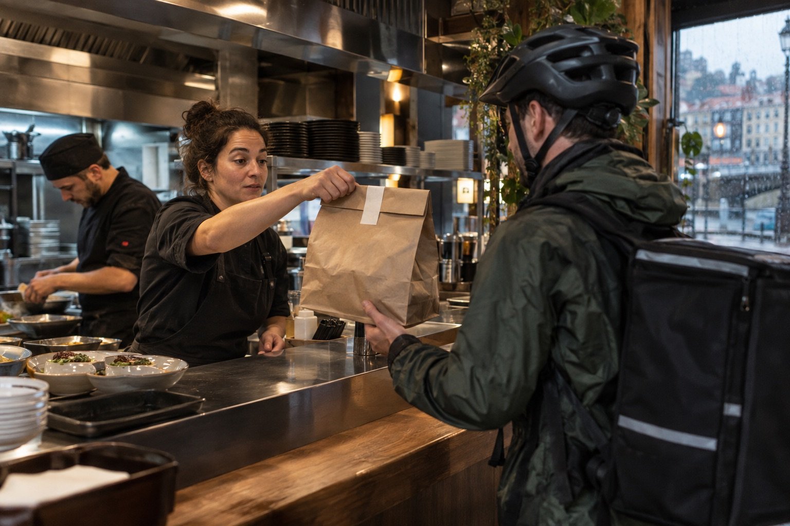 Repartidor recogiendo un pedido preparado en un restaurante de Bilbao